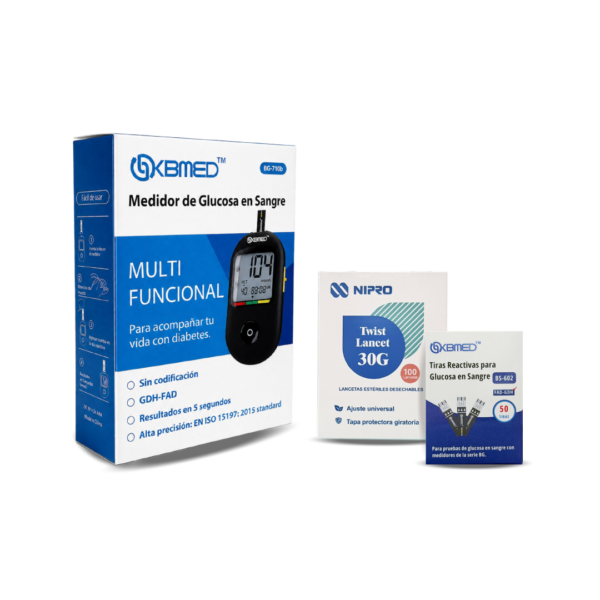 Kit glucómetro KBMED más tiras reactivas x 50u’ y lancetas x 100u’
